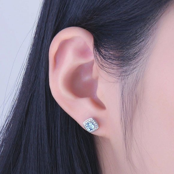 Blue Topaz Halo Sterling Silver Earrings NEW - Picture 4 of 4